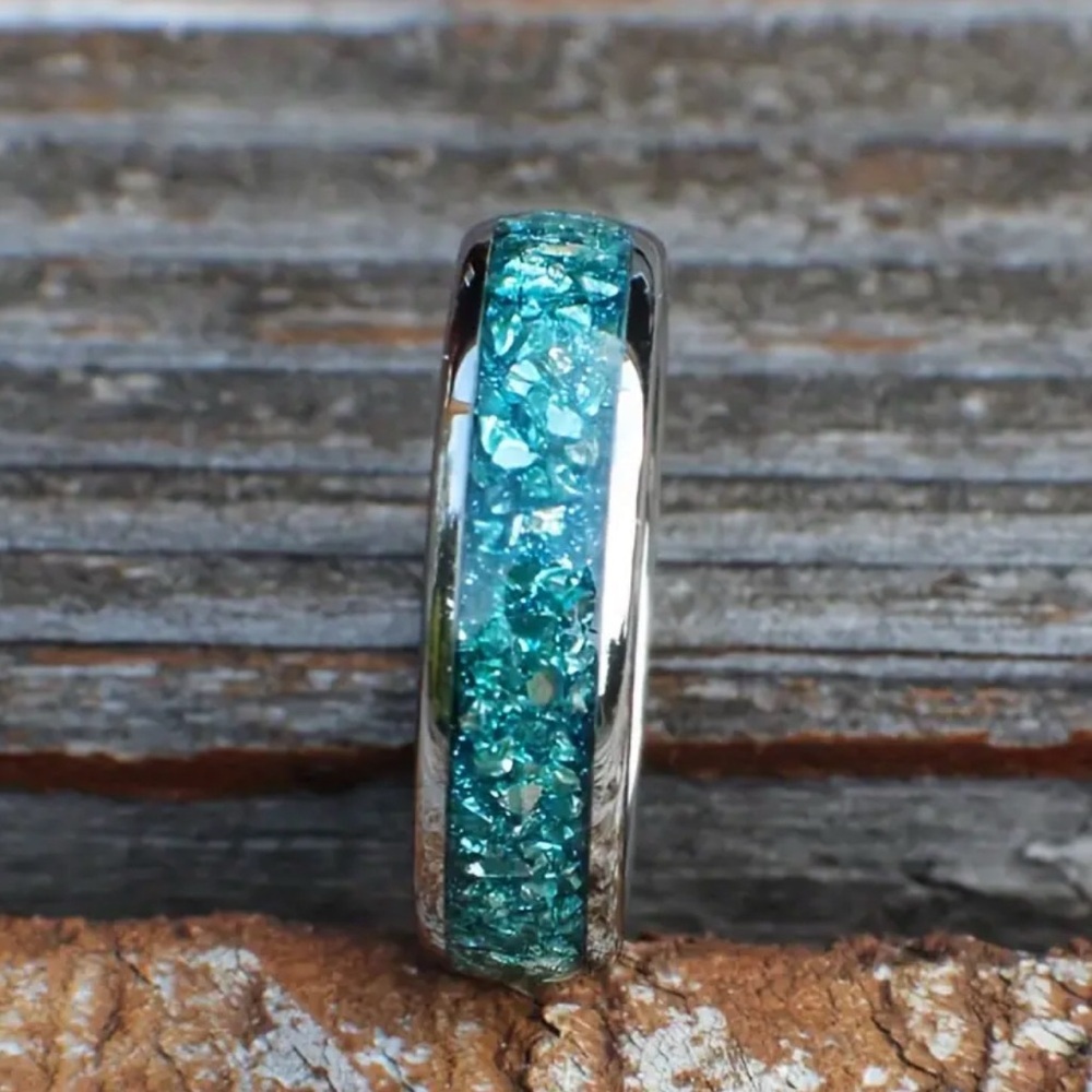 Elegant Stainless Steel and Ocean Blue Pattern Women's Ring - Picture 2 of 2